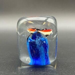 Vintage Art Glass Fish Aquarium Paperweight Blue Clear Rectangle Cube MCM